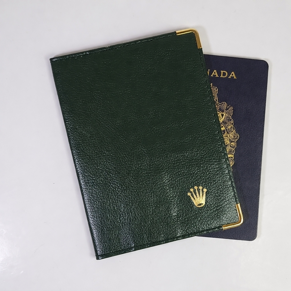 Rolex Passport Holder. Dark Green Leather Card Holder with Gold Accents